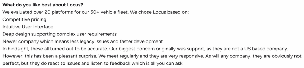 Screenshot illustrating Locus's quick customer support response time.
