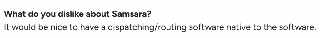 G2 review screenshot stating that Samsara lacks native dispatching and routing capabilities.