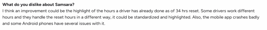 G2 review screenshot describing frequent mobile app crashes on Android devices while using Samsara.
