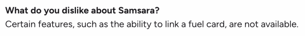 G2 review screenshot noting that Samsara does not support linking fuel cards.