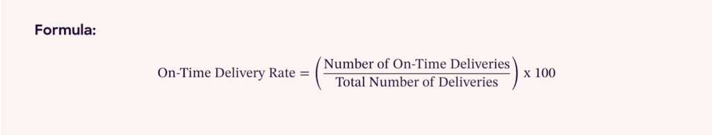 On-time delivery performance formula showing percentage of orders delivered within the committed customer time window