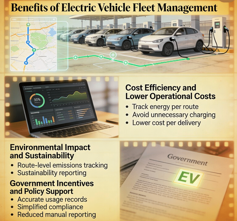 Fleet operations team analyzing electric vehicle energy usage, charging costs, and delivery performance on a digital platform