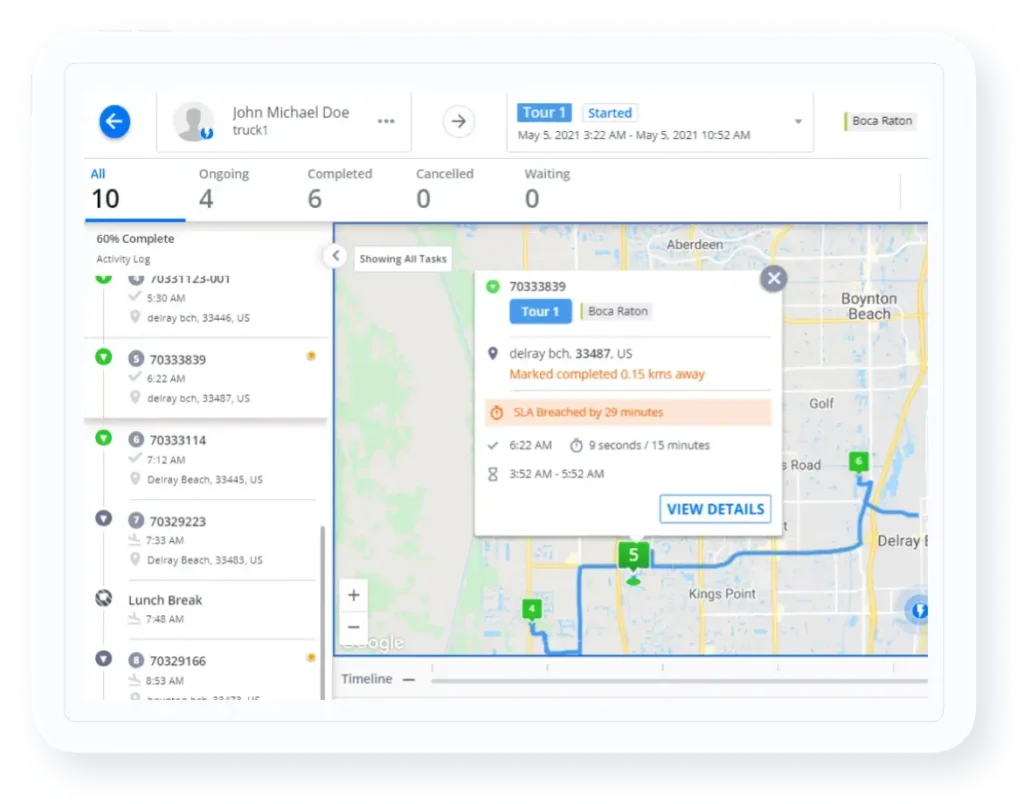 Supply chain control tower dashboard showing real-time order and shipment status and SLA/exception alerts across the distribution network.