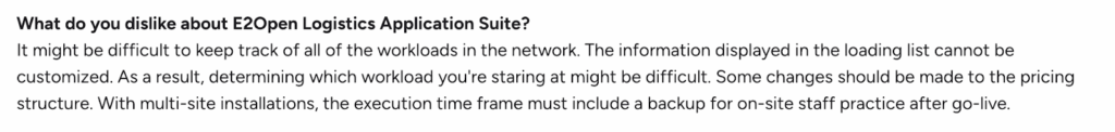 Enterprise G2 review describing difficulty tracking and differentiating workloads in e2open’s interface.