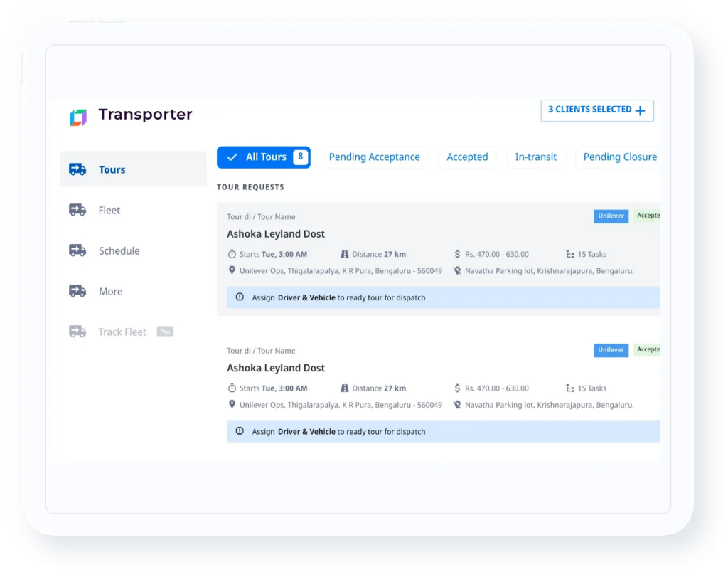 Locus Transporter Management dashboard coordinating phlebotomist allocation and contract-based routing.