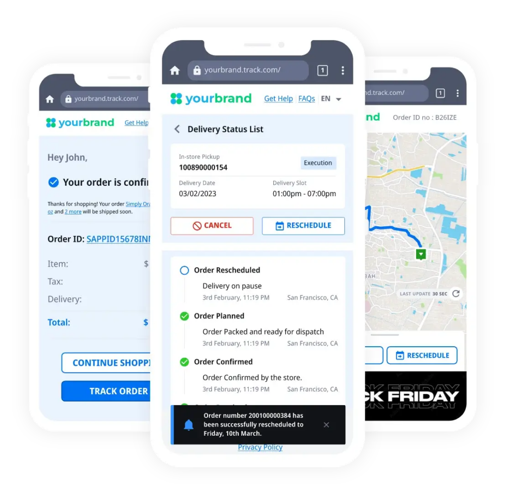 Delivery tracking interface showing order status updates, route progress on map, and options to reschedule or modify delivery in real time.