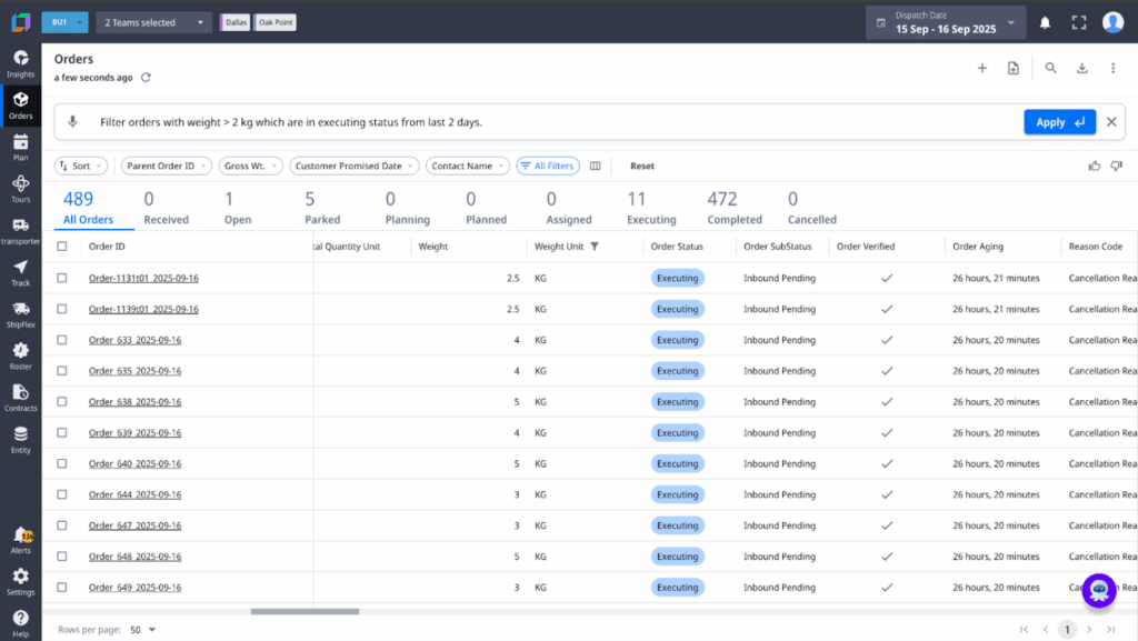 Supply chain control tower dashboard showing real-time routing status, exceptions, and execution metrics.