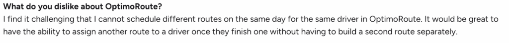 G2 review stating difficulty assigning multiple routes to the same driver in a single day.