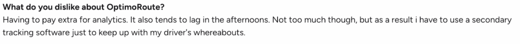 G2 feedback mentioning the need for an additional tracking tool alongside OptimoRoute.