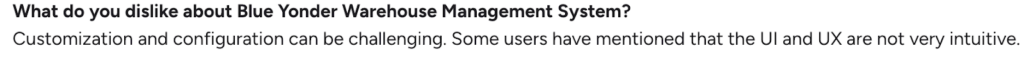 G2 enterprise review mentioning challenges with customization and non-intuitive UI configuration in Blue Yonder.