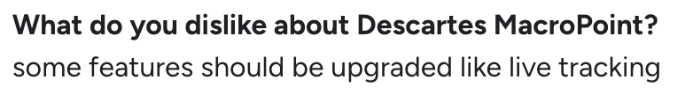 G2 review mentioning the need for improved live tracking features in Descartes MacroPoint.