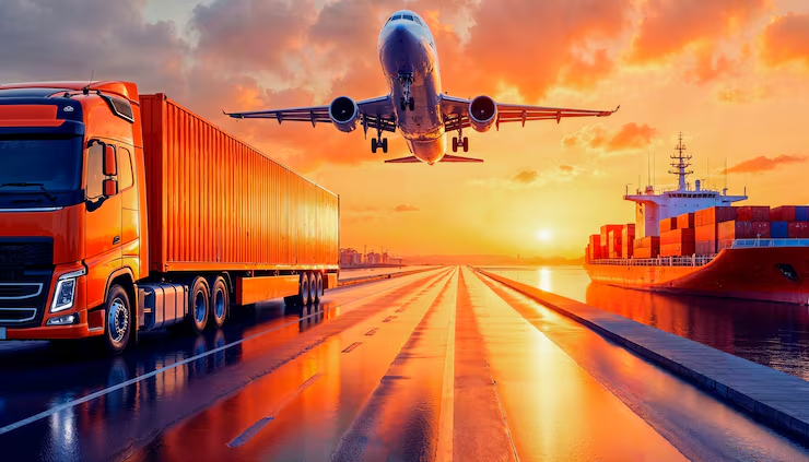 A cinematic sunset scene featuring three modes of freight transport.