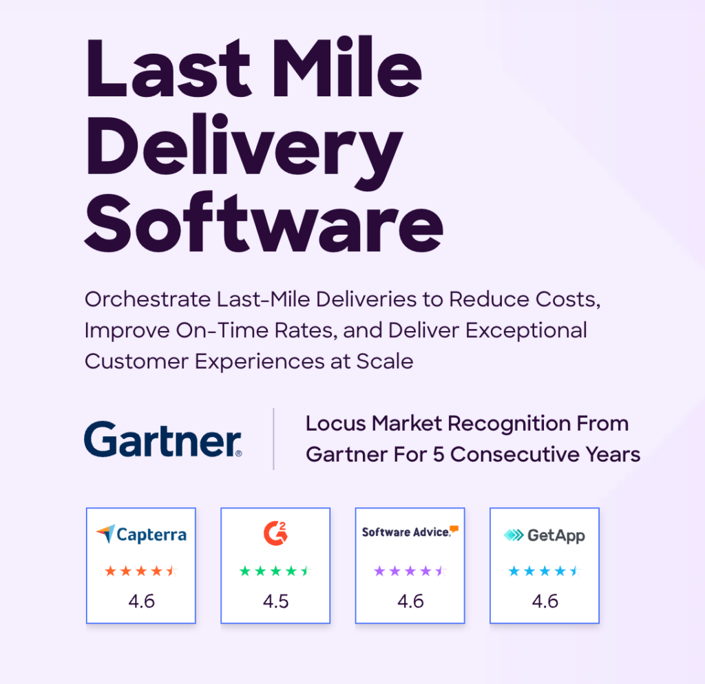 Locus last-mile delivery software with Gartner recognition and customer review ratings.