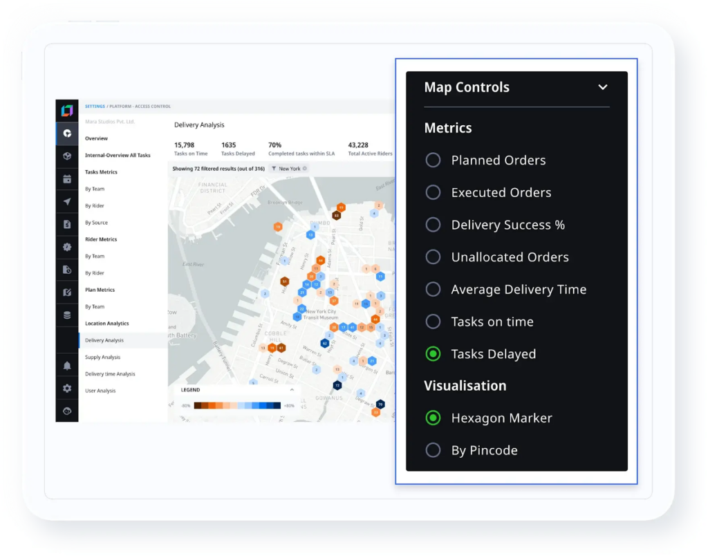 Location analytics dashboard showing SLA adherence, task density, and operational performance across regions for appliance repair operations