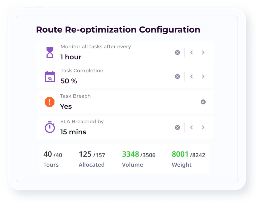 Real-time re-optimization interface showing route and task adjustments in response to on-ground delays and exceptions