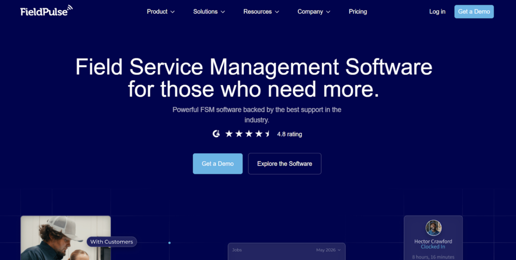 FieldPulse page with a deep blue background
