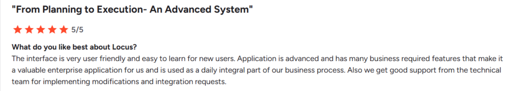 A screenshot of a 5-star user review for Locus.