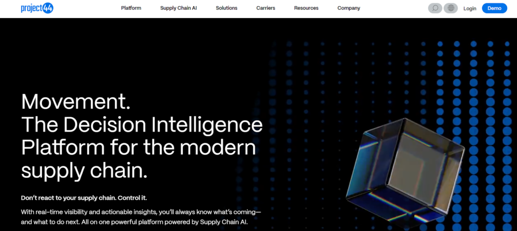 A screenshot of the Project44 website homepage.