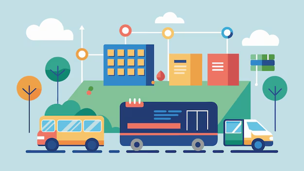 A flat, colorful vector illustration of a cityscape featuring a bus, a truck, and a van on a road