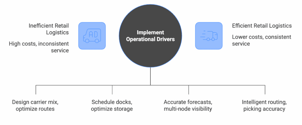 Diagram illustrating the operational drivers of retail logistics management including transportation, warehousing, inventory management, and order fulfillment.