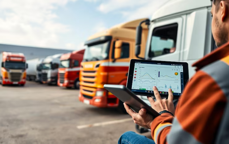 Truck Driver Managing Fleet with Tablet