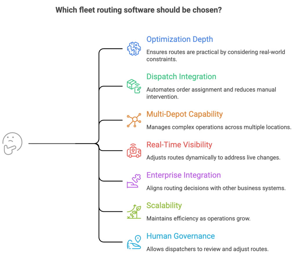Infographic showing seven criteria for choosing fleet routing software including optimization depth, dispatch integration, and human governance.