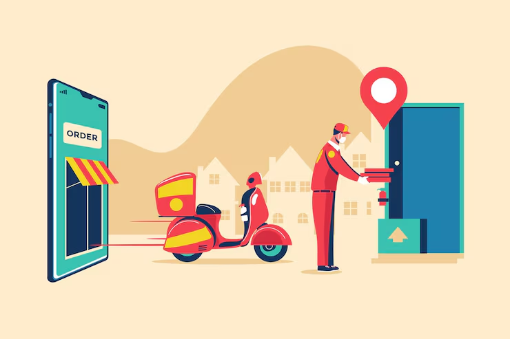 Flat illustration of a delivery driver in red