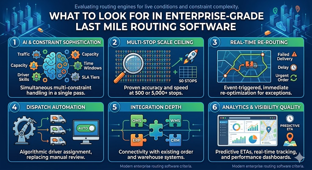 Infographic showing six criteria for enterprise routing software