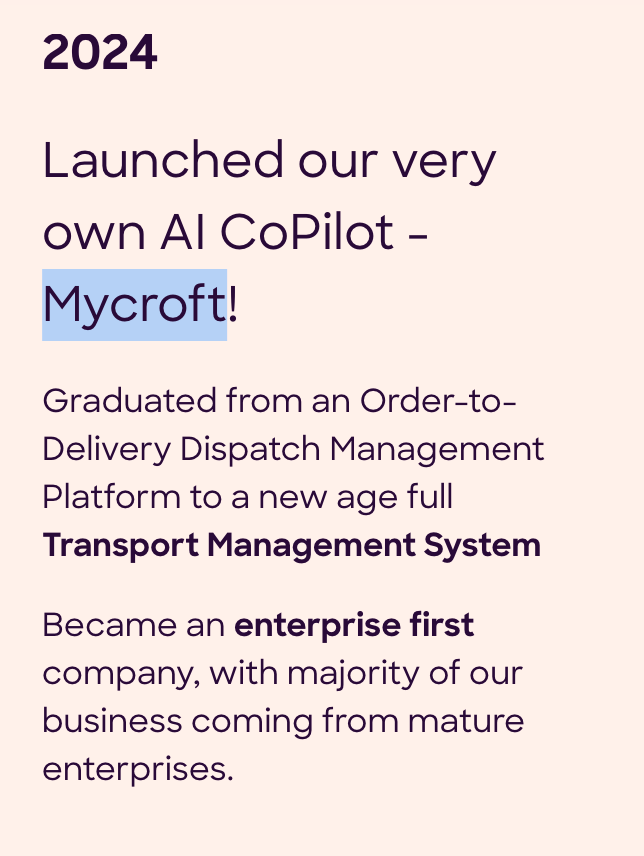 Locus 2024 milestone highlights including the launch of AI CoPilot Mycroft, evolution to a full Transport Management System, and becoming an enterprise-first company