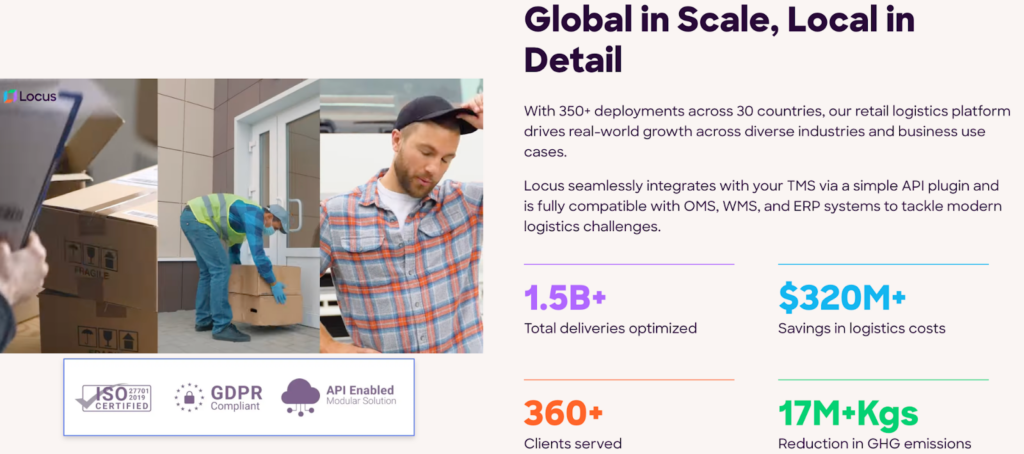 Locus logistics platform dashboard highlighting global deployments, system integrations, and key metrics like deliveries optimized, cost savings, and emissions reduction.