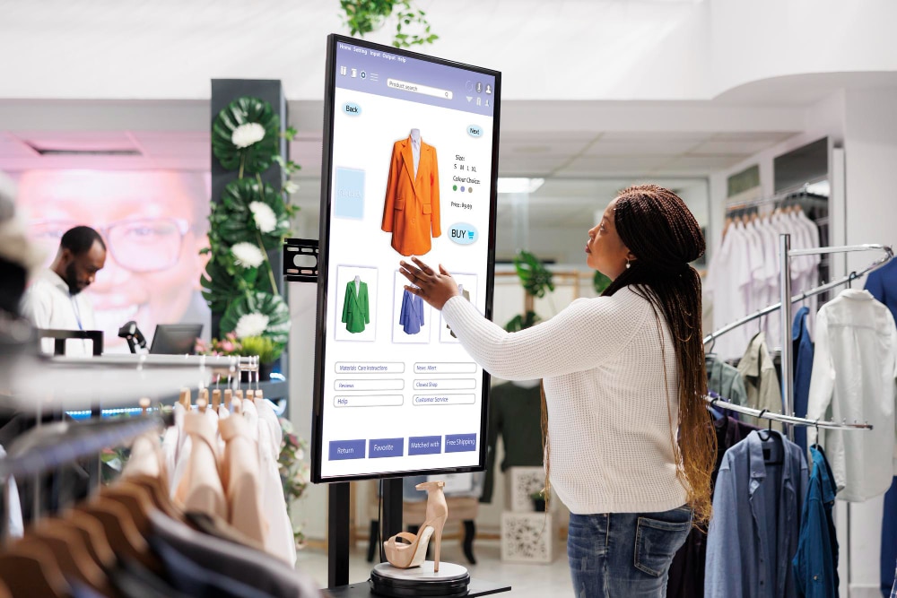 Retail store inventory management scene with apparel selection, representing AI-driven demand forecasting and stock allocation in retail logistics.
