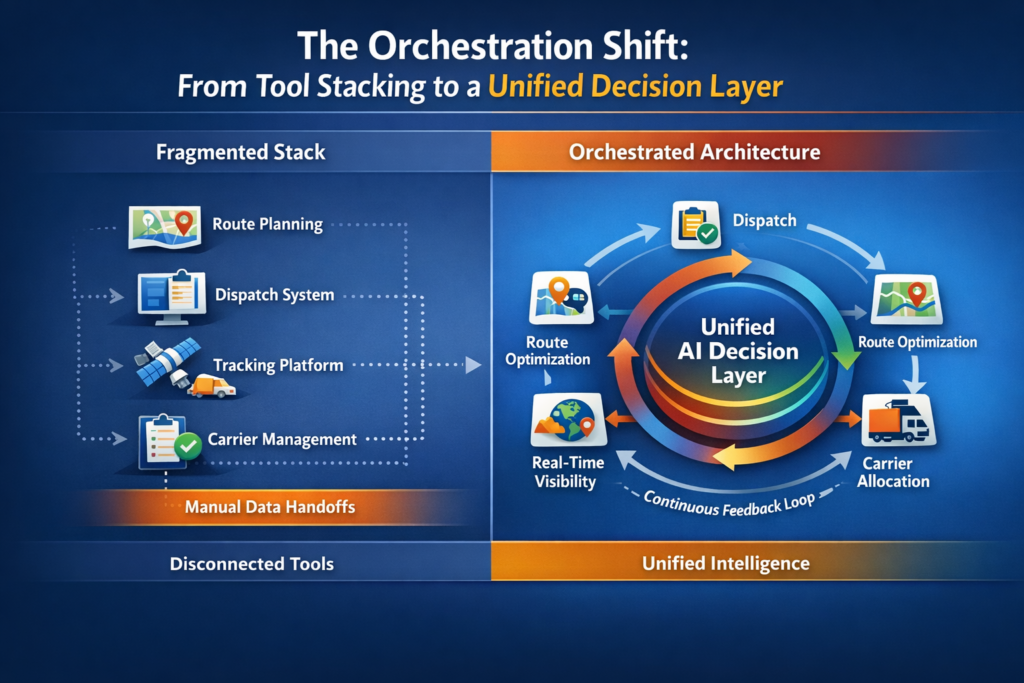 Side-by-side comparison showing disconnected tools with manual data handoffs versus a unified orchestration layer with continuous feedback loops