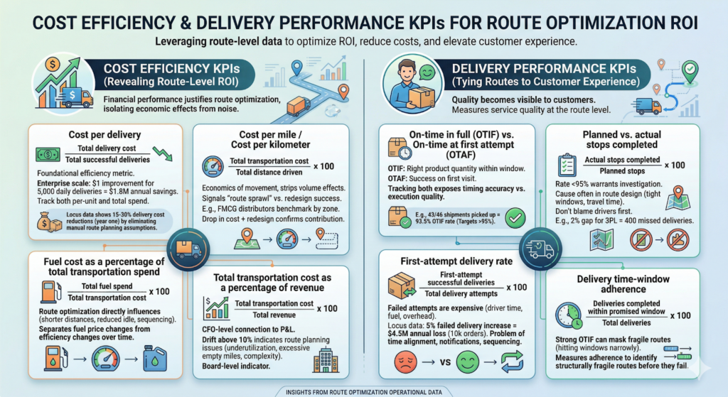 A two-part KPI chart for route optimization, colored green and blue