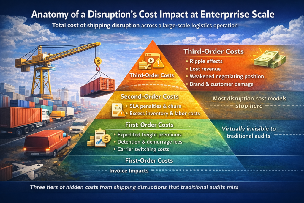 Pyramid diagram showing first-order, second-order, and third-order disruption costs in enterprise logistics.