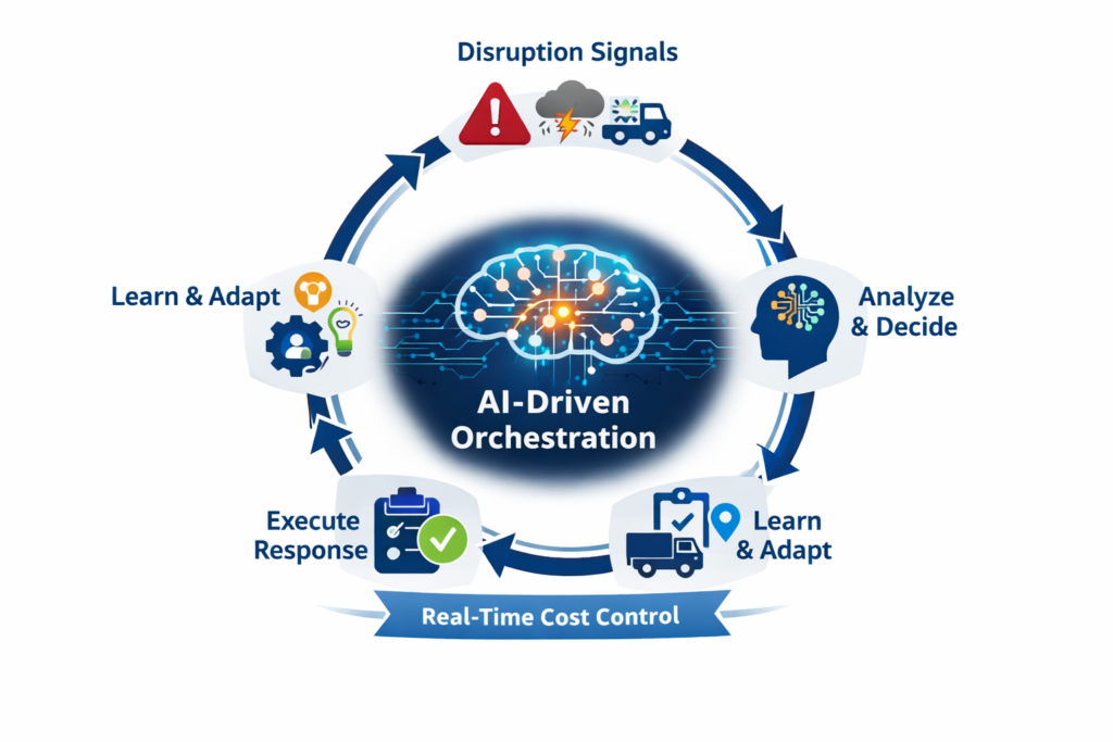 Diagram showing an AI-driven logistics orchestration loop turning disruption signals into real-time cost-control decisions.
