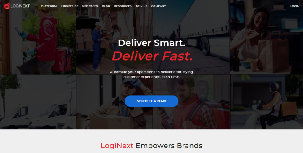 LogiNext logistics automation platform homepage showing route optimization and fleet tracking.