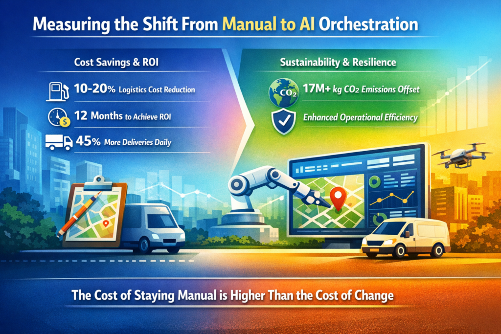 Corporate-style infographic showing the shift from manual route planning to AI orchestration