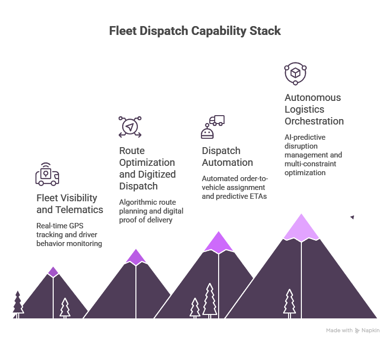 Four-level Fleet Dispatch Capability Stack showing progression from telematics to autonomous logistics orchestration.