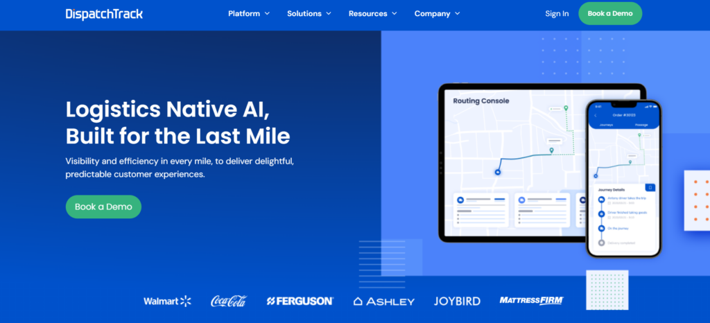 DispatchTrack last-mile delivery management platform showing route planning, scheduling, and customer communication.