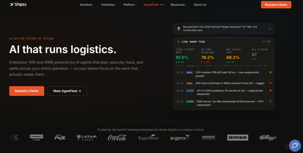 Shipsy logistics management platform showing cross-border freight visibility and carrier allocation.