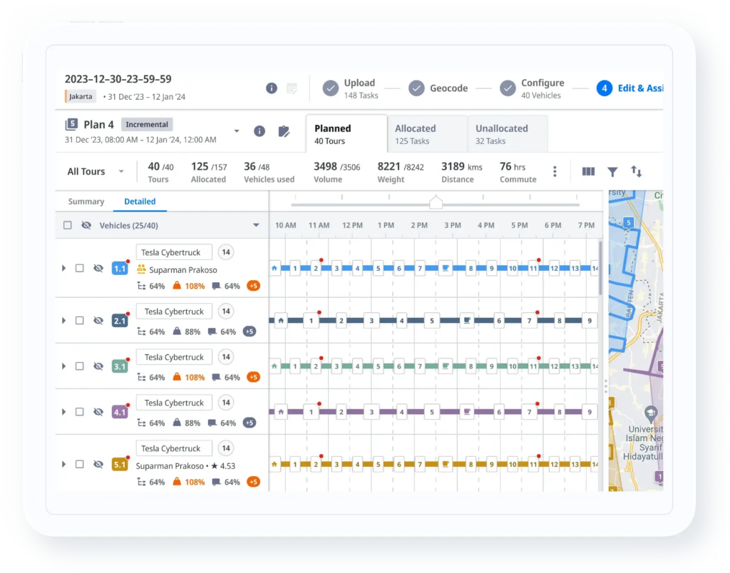 Locus dispatch management dashboard showing order-to-vehicle assignment, live route tracking, and exception management.