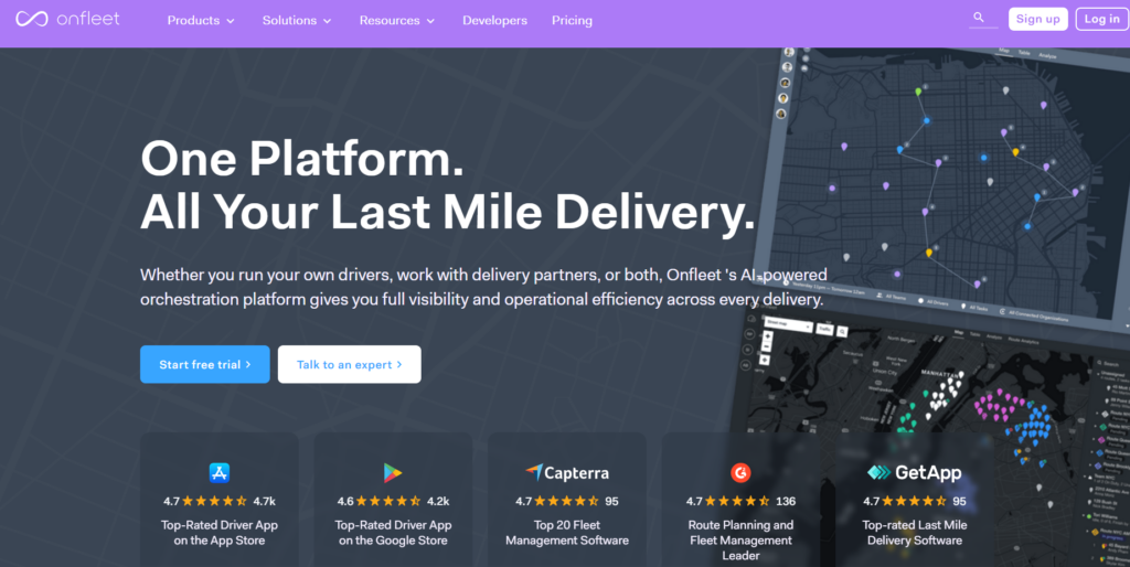 Onfleet last-mile delivery software showing driver dispatch, route optimization, and customer notifications.