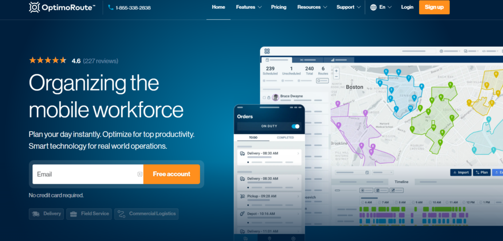 OptimoRoute route planning software showing multi-stop route optimization and driver scheduling.