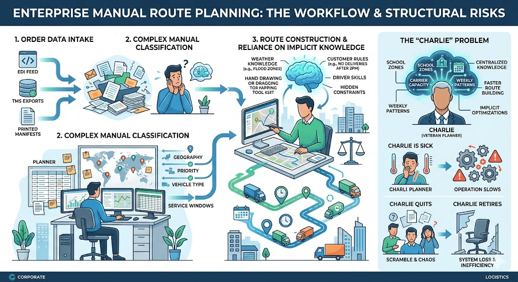 A corporate infographic illustrating a three-step manual route planning workflow