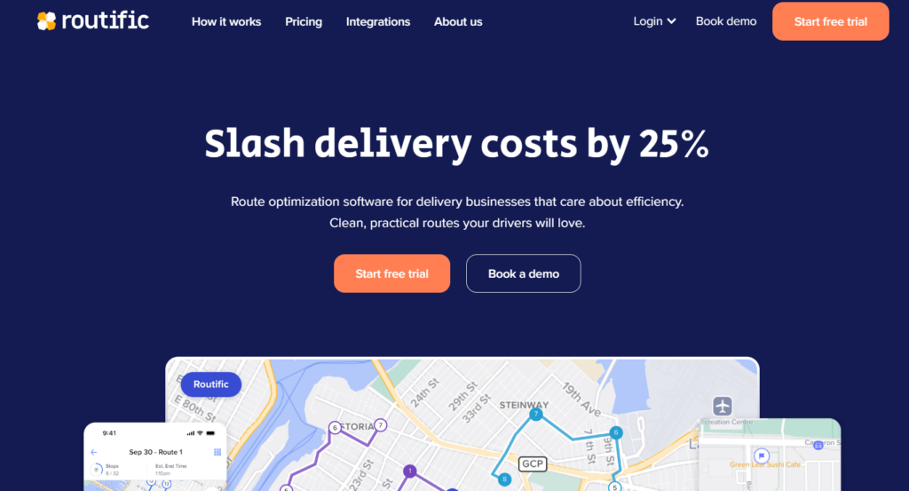 Routific route planning software showing daily multi-stop route optimization for small delivery fleets.