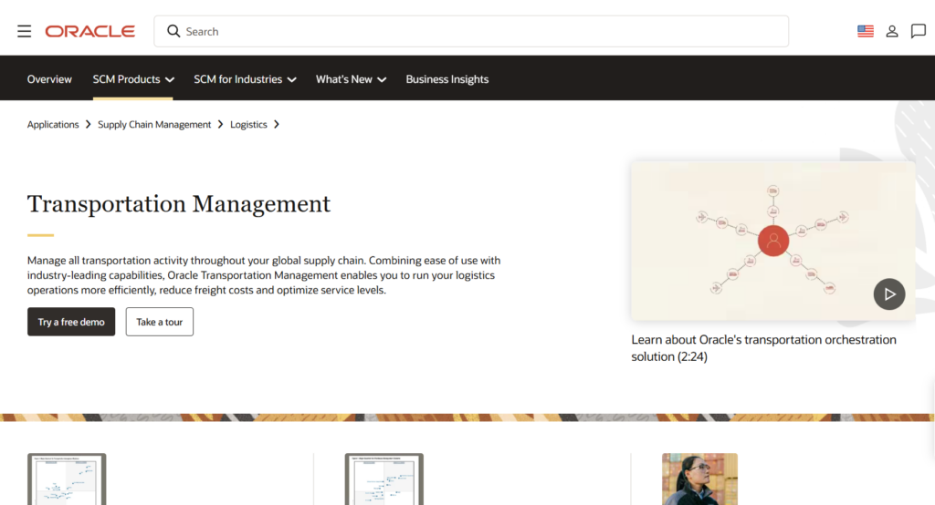 Oracle Transportation Management Cloud homepage