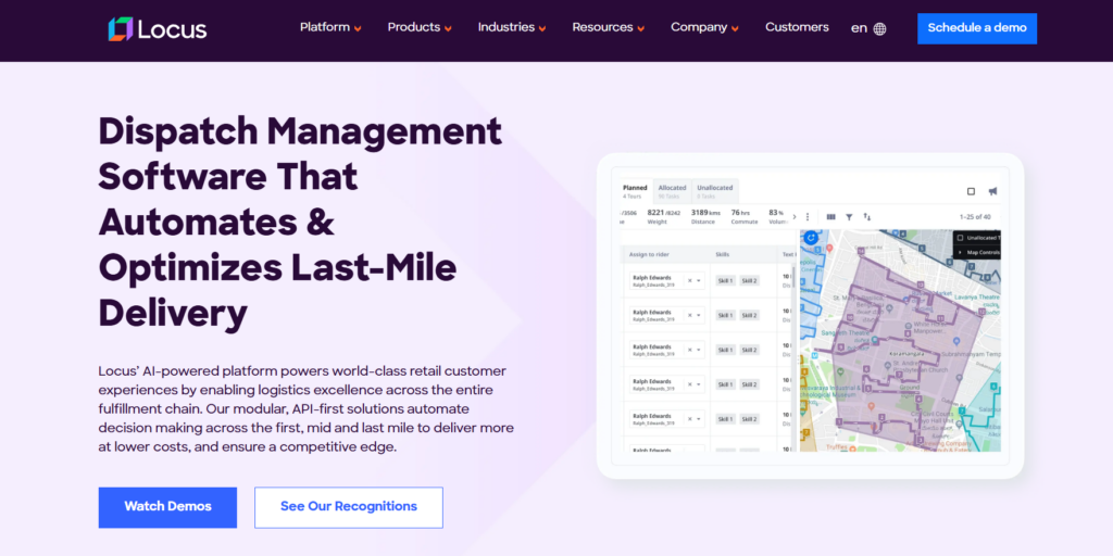 Locus dispatch management platform homepage showing AI-powered delivery optimization, real-time tracking, and enterprise logistics orchestration