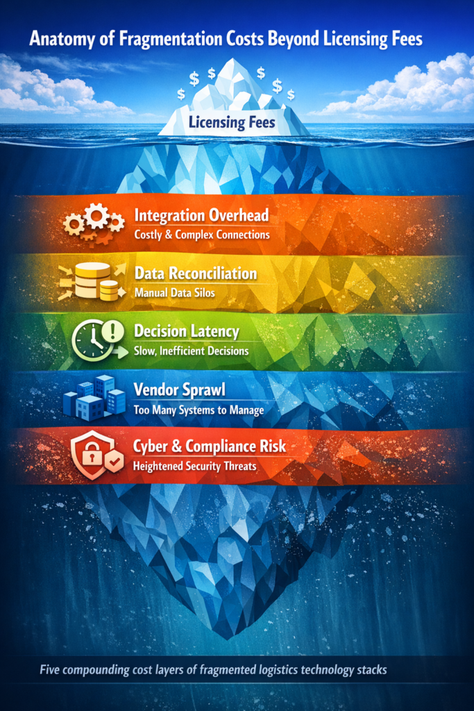 Diagram showing five compounding cost layers in fragmented logistics technology stacks.