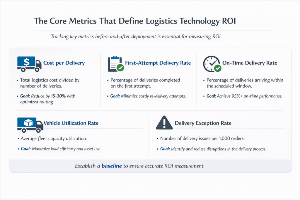 Corporate-style infographic showing five logistics ROI KPIs