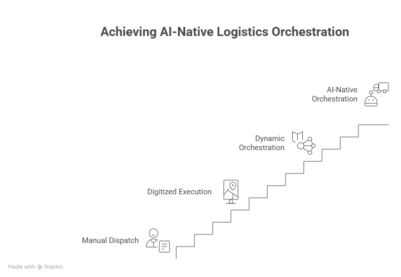 Four-level Logistics Software Maturity Model showing progression from manual dispatch through digitized execution, dynamic orchestration, and AI-native logistics orchestration.